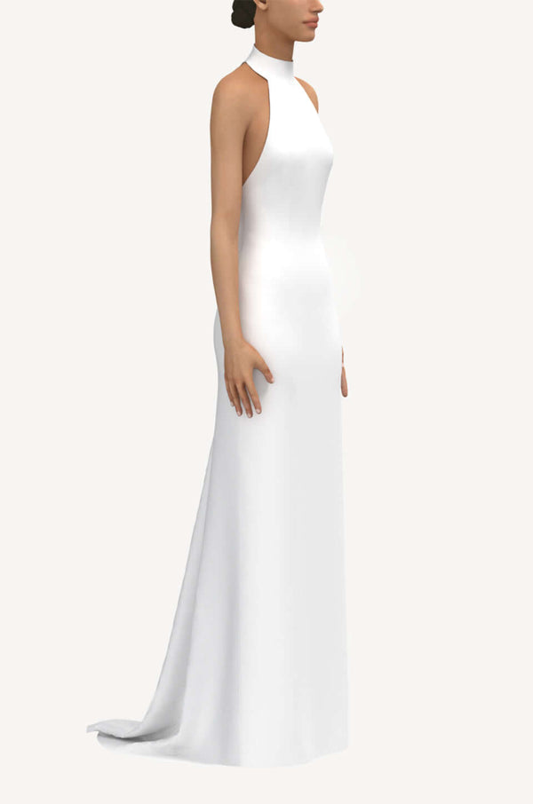 Minimalist high-halterneck crepe long train wedding gown 