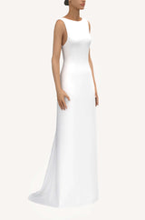 Minimalist jewel neckline V back crepe wedding gown