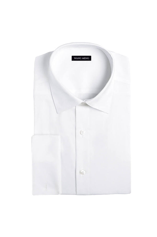 White slim fit double cuff cotton stretch shirt. Shop designer men's luxe leisure shirts, smart casual shirts, formal shirts online at WANG MENG.
