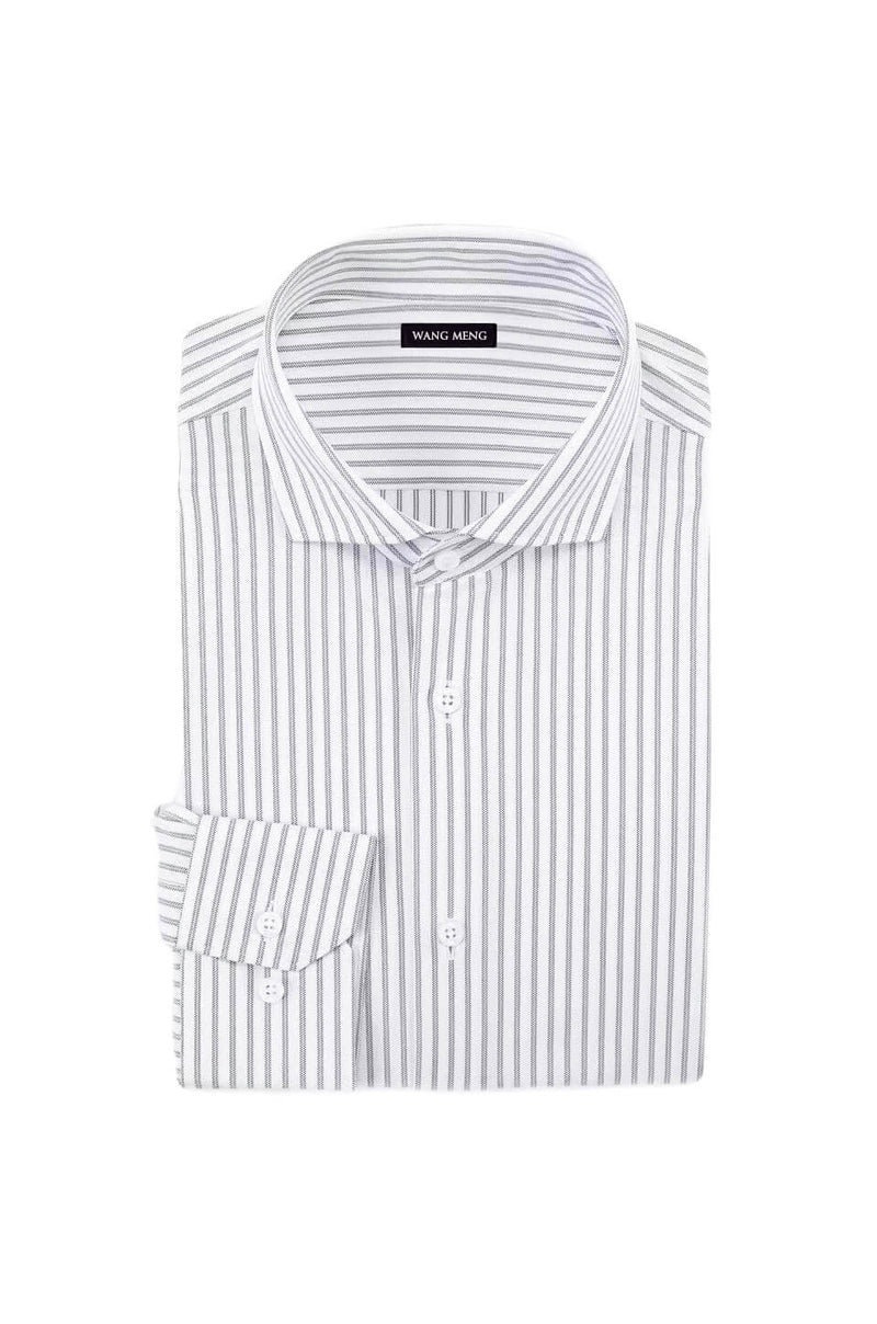Men's grey striped cut away collar dress shirt. Shop designer men's luxe leisure shirts, smart casual shirts, formal shirts online at WANG MENG. 