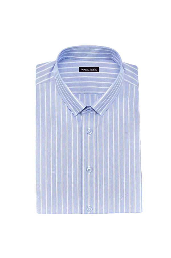 Men's blue striped narrow collar dress shirt. Shop designer men's luxe leisure shirts, smart casual shirts, formal shirts online at WANG MENG.