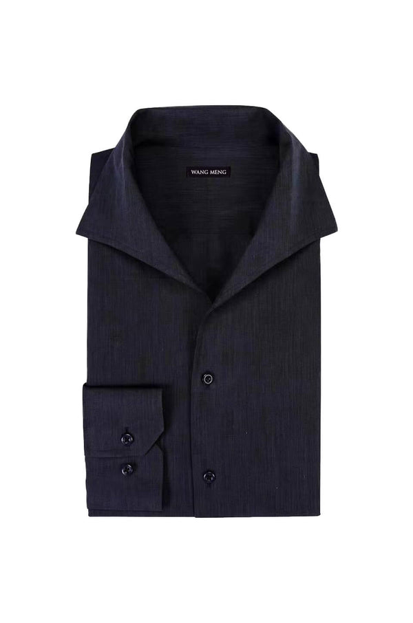 Men's dark blue one piece collar linen shirt.  Shop designer men's luxe leisure shirts, smart casual shirts, formal shirts online at WANG MENG.