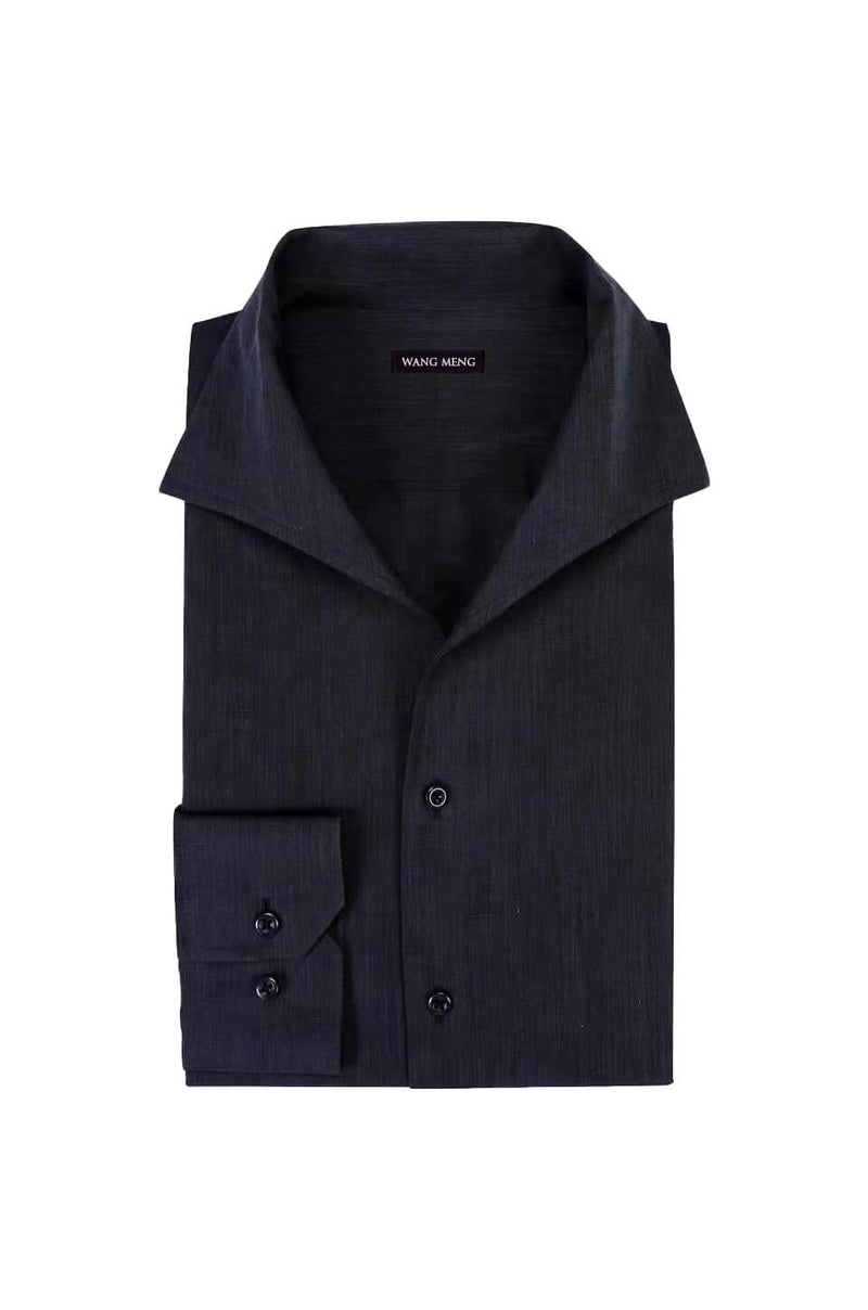 Men's dark blue one piece collar linen shirt.  Shop designer men's luxe leisure shirts, smart casual shirts, formal shirts online at WANG MENG.