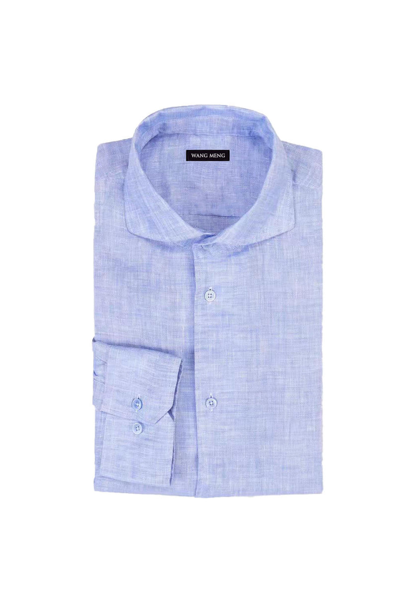 Ice blue pure linen cut way collar shirt. Shop designer men's luxe leisure shirts, smart casual shirts, formal shirts online at WANG MENG.