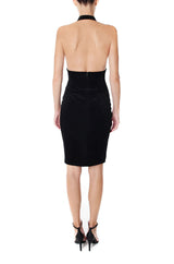 Black velvet deep V neck knee length dress