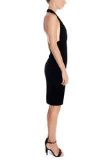 Black velvet deep V neck knee length dress