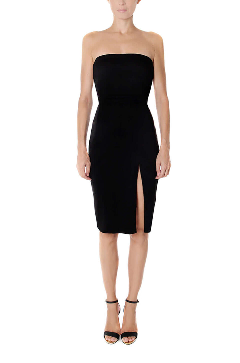 Black strapless slit knee length dress