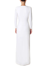 Designer white deep V neck high slit evening gown 